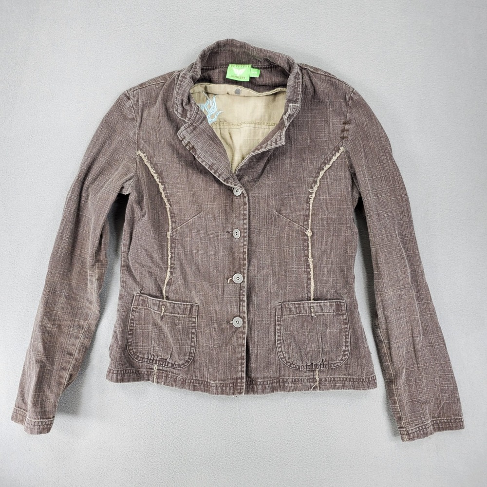 Industry Jacket Women M Brown Raw Seam Embroidered Back Utility Boho Blazer